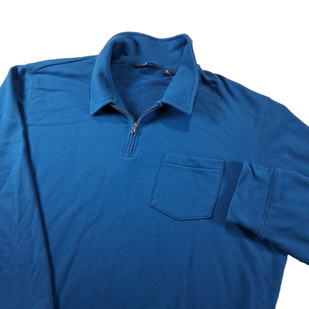 Lands' End Quarter Zip Pullover Men XL Blue Polo Collar Chest Pocket Fleece